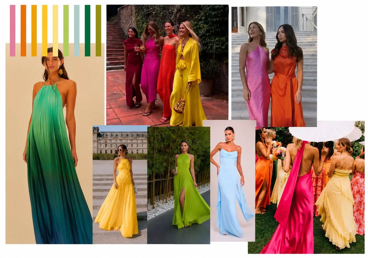 Referências de looks coloridos para elas — vestidos longos em rosa, amarelo, verde, azul e laranja