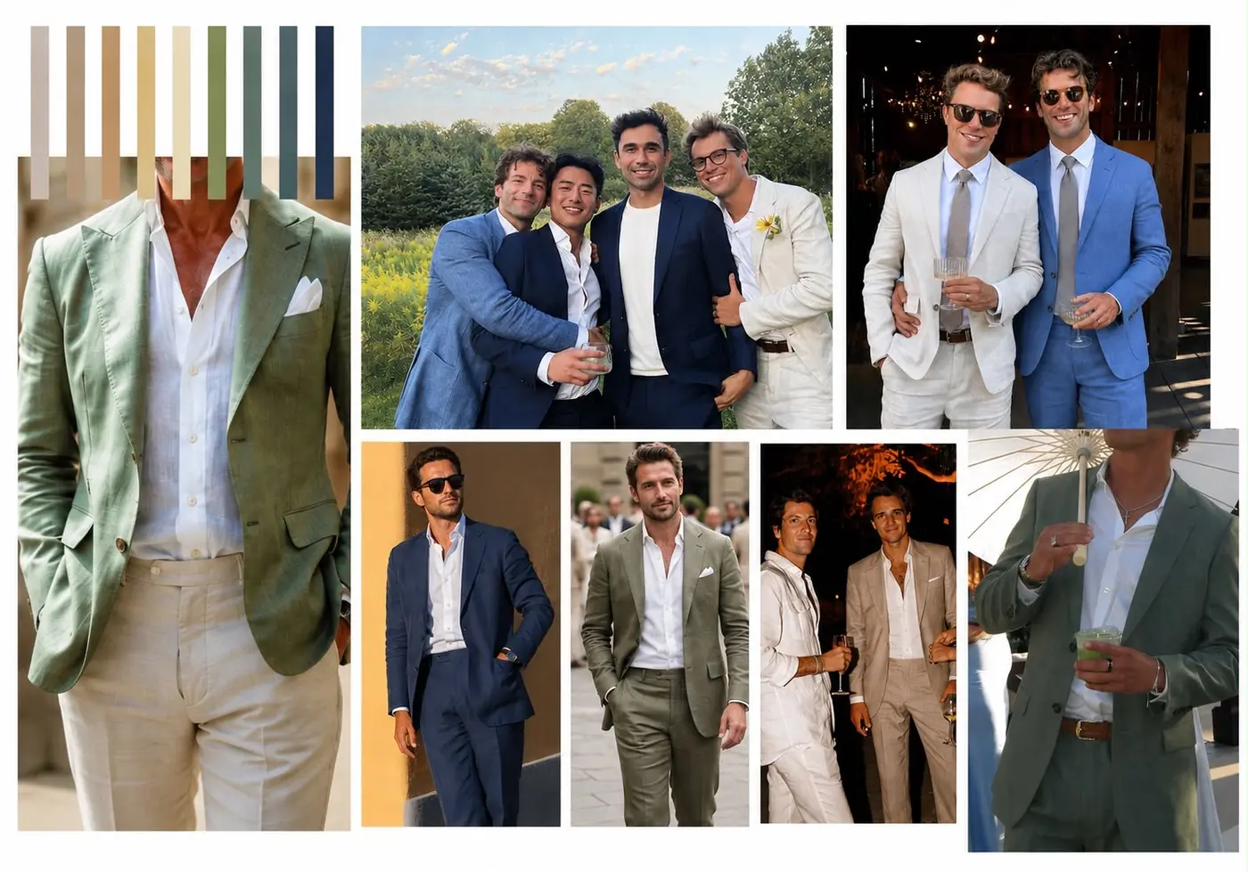 Referências de looks para eles — ternos leves em linho, tons claros, verde-sálvia e azul